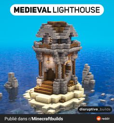 an image of a small house in the middle of the ocean with text that reads medieval lighthouse