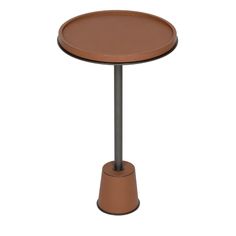 a round table with a metal base and brown leather top on an isolated white background