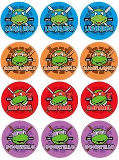 the teenage mutant ninja turtles stickers are shown in different colors and sizes, including red, green, blue, purple, yellow