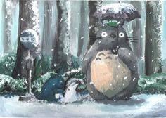 a painting of a cat and a totoro in the snow