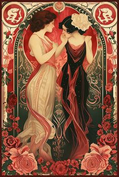 two women in evening gowns standing next to each other with roses around them on a red background