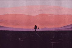 a man standing on top of a field under a pink and purple sky with mountains in the background