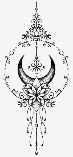 a black and white drawing of a crescent with an intricate design on the bottom corner