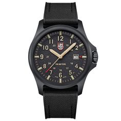 This Luminox Atacama Field 1970 watch is inspired by its namesake, the Atacama Desert. The design with a black dial with textured finish and sand hour numbers evokes the terrain and rugged landscape of the desert. The timepiece presents a large dial that displays the 12- & 24-hour clock, along with a red tipped second hand and red arrow next to the date at 3 o'clock for instant readability. The dial is protected by sapphire crystal with anti-reflective coating. The 43 mm CARBONOX case is mat Matte Black Watches With Subdials For Outdoors, Matte Black Outdoor Watch With Subdials, Black Outdoor Watches With 10atm Water Resistance, Outdoor Watches With Date Display, Round Dial, Modern Watch With Date Display, Modern Outdoor Watch With Date Display, Black Outdoor Watches With Subdials, Outdoor Black Watches With Subdials, Matte Black Watch With 10atm Water Resistance