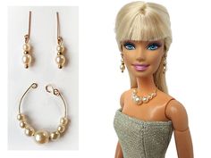 a barbie doll wearing earrings and a necklace with pearls on it's sides, next to a photo of the same model