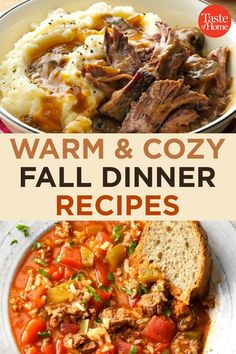 the cover of warm and cozy fall dinner recipes