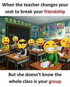 a classroom with many emoticions sitting at their desks and one is smiling