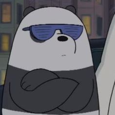 a cartoon bear wearing sunglasses and sitting in the back seat of a car with another polar bear behind it