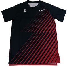 a black and red shirt with stripes on it