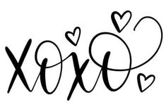 the word xoxo written in cursive black ink with hearts on it