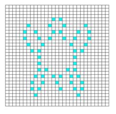 a cross stitch pattern with blue squares in the middle and green squares at the bottom