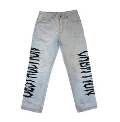 Vintage denim pants are hand painted in acrylics 1/1 Size 30 / men's S / women's M measurements: Waist- 78 cm / 30 inches Hips- 112 cm / 44 inches Inseam - 71 cm / 27 inches Recommended hand wash Straight Leg Cotton Jeans With Graffiti Print, Cotton Straight Leg Jeans With Graffiti Print, Artistic Streetwear Bottoms For Spring, Hand Painted Denim Jeans For Streetwear, Artistic Graphic Print Bottoms For Streetwear, Hand Painted Straight Leg Cotton Jeans, Artistic Straight Leg Denim Jeans, Artistic Streetwear Jeans For Spring, Artistic Jeans For Spring Streetwear