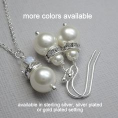 Bridesmaid Gift, Necklace and Earring Set, Bridesmaids Gift Set MADE WITH GENUINE SWAROVSKI PEARLS AND CRYSTALS. PEARLS AND CRYSTALS AVAILABLE IN OTHER COLORS. Please see color charts and kindly note on check-out your color preferences. OPTIONS: Silver Plated Setting  Gold Plated Setting  Rose Gold Plated Setting Sterling Silver Setting : (All metal components except the rhinestones spacers are sterling silver. Rhinestone spacers available only in plated material) Pearl Size: 8mm. Please see sec Bridal Party Jewelry Sets, Hot Pink Jewelry, Pearl Necklace And Earring Set, Pearl Bridesmaid Jewelry, Bridesmaid Jewelry Set, Pink Jewelry Set, Bridesmaid Necklace Gift, White Pearl Jewelry, Pearl Jewelry Set