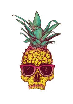 a skull wearing sunglasses and a pineapple