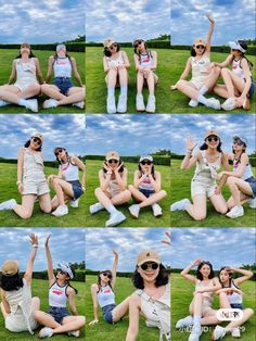 several photos of women sitting on the grass with their arms in the air and one holding her head up