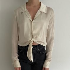 Never Worn/Nwt - Whitish/Cream 100% Silk Blouse Xxs Chic Cream Silk Top, Chic Silk Tops For Brunch, Classic Neutral Spring Blouse, Chic Cream Button-up Top, Chic Neutral Button-up Top, Chic Long Sleeve Neutral Blouse, Chic Neutral Blouse For Daywear, Elegant V-neck Neutral Blouse, Classic Cream Blouse For Day Out