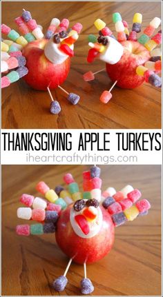 an apple turkey made out of candy and marshmallows is shown with the words thanksgiving