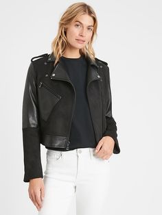 Vegan Suede Patchwork Moto Jacket | Banana Republic Trendy Suede Leather Jacket For Work, Suede Biker Jacket With Zipper For Work, Suede Leather Jacket With Zipper For Fall, Fall Suede Leather Jacket With Zipper, Fall Suede Leather Jacket With Zipper Closure, Fitted Leather Jacket With Suede Overlays For Fall, Black Suede Leather Jacket For Fall, Petite Size, Moto Jacket