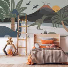 a child's bedroom with dinosaurs painted on the wall and wooden bed frame in front