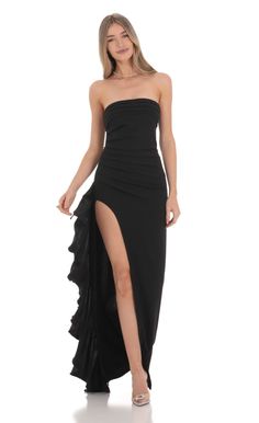 Strapless Ruched Ruffle Maxi Dress in Black | LUCY IN THE SKY Mesh Cutout Dress, Satin Ruffle Dress, Ruffle Long Dress, Open Back Maxi Dress, Cowl Dress, Ruffle Maxi Dress, Lucy In The Sky, Tulip Dress, Plunge Dress