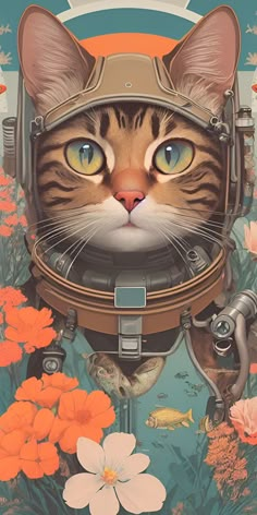 a cat wearing an astronaut's helmet surrounded by flowers