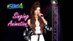 a woman singing into a microphone in front of a stage with the words singin'animation on it