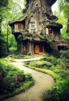 a tree house in the middle of a forest with moss growing on it's roof