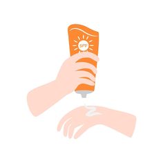 a hand holding an orange tube with the word spf on it and sun above it