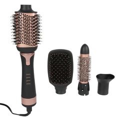 The Elle Premiere Hair Dryer Brush and Volumizer delivers beautiful volume and shine in one simple step. The 360 degree design combines the power and heat of a blower with the shape of a brush. It comes with four interchangeable heads including a concentrator, round barrel brush, oval brush, and paddle brush. Ionic technology helps leave your hair looking conditioned and smooth while reducing frizz and static. Each brush head features a ceramic coating, which helps protect your hair from heat da Best Hair Dryer Brush, Blower Brush, Angled Hair, Wigs Collection, Electric Hair Brush, Bday List, Dryer Brush, Degree Design, Oval Brush