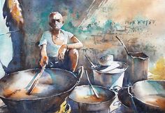 a painting of a woman sitting on the ground with pots and pans in front of her