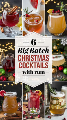 six christmas cocktails with text overlay that reads 6 big batch christmas cocktails with rum