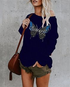 Casual Cotton-blend Shift Butterfly Print Shirts & Tops Blue Letter Print Shirt For Fall, Blue Casual T-shirt For Fall, Casual Blue T-shirt For Fall, Blue Shirt With Letter Print For Fall, Fall Blue Shirt With Letter Print, Elegant Party Dresses, White Dress Party, Tops Casual, Elegant Party