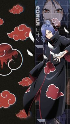 an anime character with blue hair standing in front of a black background and red clouds