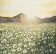 an oil painting of a field full of daisies with mountains in the back ground