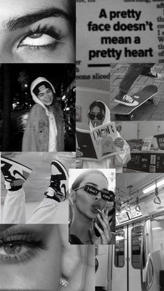 black and white collage with images of people on subway cars, woman in hoodie