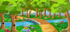 a cartoon scene with a bridge over a river and flowers in the foreground, trees on either side