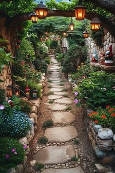 a stone pathway leads through a garden filled with flowers