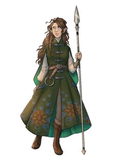 a woman dressed in medieval clothing holding a spear and wearing a green dress with flowers on it