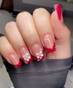 Red Nails With White Design, Red Nail Designs Square, Red Flower Nail Designs, Red Short Square Nails, Red Nail Ideas, Winter Nail Art Designs, Cruise Nails, Gel Nails French