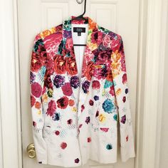 White Blazer With Bright Floral Crush Pattern From The Prabal Gurung For Target Collaboration. Never Worn. Note: The Price Tag Labels The Size As Small, But The Label On The Actual Blazer Is S/P (For Small/Petite). Spring Party Blazer With Floral Print, Fitted White Blazer With Floral Print, Multicolor Formal Spring Outerwear, Multicolor Formal Outerwear For Spring, Spring Formal Multicolor Outerwear, Floral Print Blazer, Prabal Gurung, Printed Blazer, White Blazer