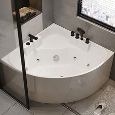 Modern Acrylic Corner Bath Soaking Seat Included Bathtub in White - Clearhalo Corner Tub Bathroom Ideas, Modern Corner Bathtub Ideas, Corner Jacuzzi Tub Bathroom Remodel, Corner Bath Ideas, Soaking Tub Small Bathroom, Window Above Bathtub, Corner Tub Master Bath, Corner Bathtub Ideas, Small Bath Tub