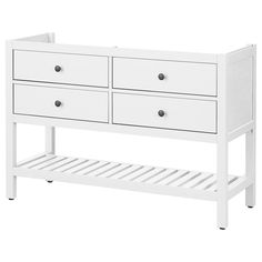 a white dresser with two drawers and a shelf underneath it, on a white background