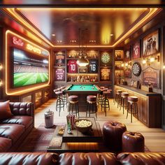 This dynamic man cave boasts of warm red and brown tones, a vintage bar, neon signs, a lavish leather couch, and a pool table. The sports-infused decor with band posters, framed jerseys, and fun amenities like a popcorn machine, redefines leisure. 

#Mancave #InteriorDesign #Sportstheme #Homebar #LuxuryInteriors #Gameroom Vintage Sports Bar Decor, Bar House Ideas, Sports Bar Aesthetic, Vintage Sports Bar, Video Game Bar, Dream Man Cave, Gym Cafe, Snooker Room