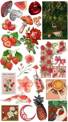 an assortment of fruit and flowers are shown in this collage, including strawberries