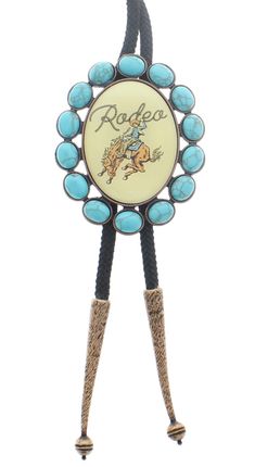 Rodeo Bolo Tie Pendant with Turquoise Stones, made in USA, each. Introducing our exquisite 14 turquoise stone pendant bolo tie, a fusion of Western charm and artisanal craftsmanship. Each stone, carefully selected for its vibrant hue, adds a pop of color to this statement piece. The centerpiece features a captivating rodeo illustration, meticulously etched into the metal, capturing the spirit of the Wild West with intricate detail. Whether worn at a casual outing or a formal event, this bolo tie Turquoise Concho Jewelry For Rodeo, Bohemian Turquoise Jewelry For Rodeo, Southwestern Blue Bolo Tie For Gift, Southwestern Blue Bolo Ties As A Gift, Blue Lariat Bolo Tie For Gift, Adjustable Turquoise Jewelry For Western-themed Events, Bohemian Blue Bolo Ties As Gift, Artisan Turquoise Bolo Ties For Gifts, Handmade Turquoise Bolo Tie As A Gift