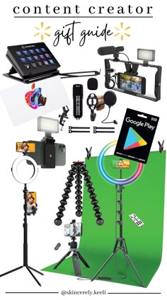 the contents of a camera, tripod, and video equipment are shown in this advertisement