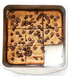 a pan filled with chocolate chip cookie bars