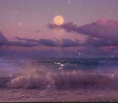 an ocean scene with the moon in the sky and stars on the clouds above it