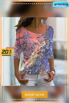 Women's T Shirt Tee Yellow Pink Blue Floral Print Long Sleeve Daily Weekend Basic V Neck Regular Floral Painting Plus Size S Blue Half-sleeve Top With Graphic Print, Blue Half Sleeve Top With Graphic Print, Blue Half Sleeve Tops With Graphic Print, Floral Print Shirt, Blue Floral Print, Floral Theme, Basic Tops, Floral Painting, Pink Yellow