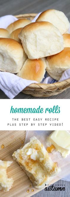 homemade rolls in a wicker basket with butter on top and the text overlay reads homemade rolls